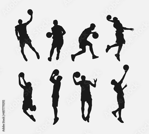 set of silhouettes of male basketball players with different poses, movements. isolated on white background. vector illustration.