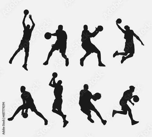 set of silhouettes of male basketball players with different poses, movements. isolated on white background. vector illustration.