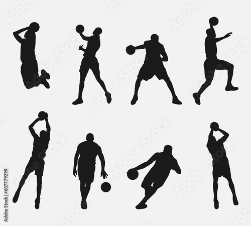 set of silhouettes of male basketball players with different poses, movements. isolated on white background. vector illustration.