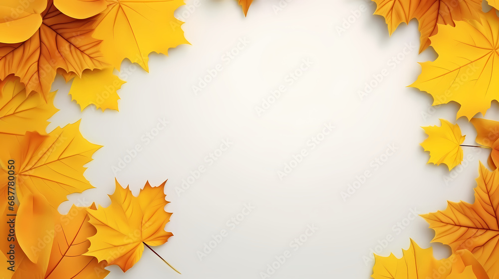 White background with autumn yellow leaves in a circle. Empty space for product placement or promotional text. White background with autumn yellow leaves in a circle. Empty space for product placement or promotional text.