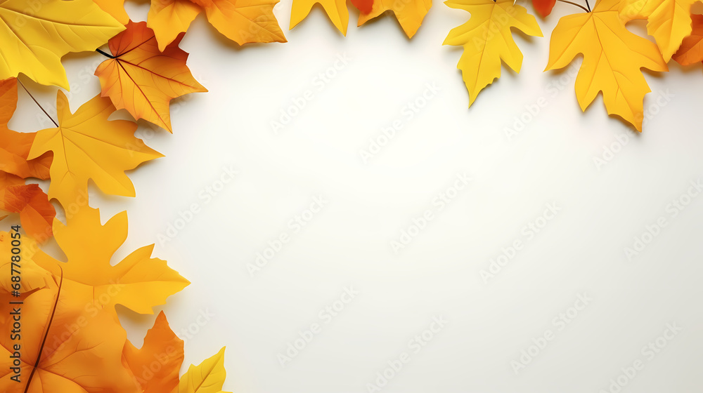 White background with autumn yellow leaves in a circle. Empty space for product placement or promotional text. White background with autumn yellow leaves in a circle. Empty space for product placement or promotional text.