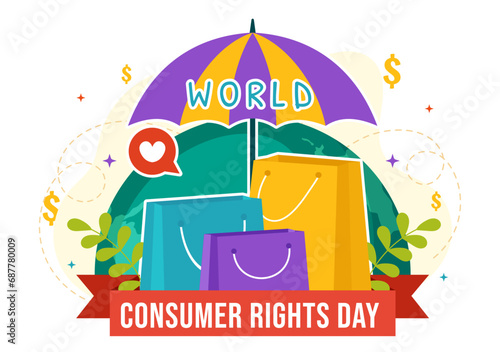 World Consumer Rights Day Vector Illustration on 15 March with Shopping Bags to be Respected and Protected in Flat Cartoon Background