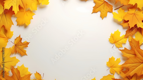 White background with autumn yellow leaves in a circle. Empty space for product placement or promotional text.