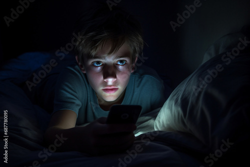 boy face is illuminated as he focuses on the screen while lying in bed with the lights off. This evocative image captures the modern digital experience. Generative AI.