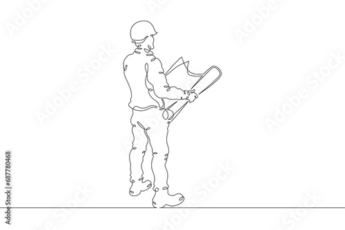 Engineer at work at a construction site. Engineer in a helmet. Construction. One continuous line drawing. Linear. Hand drawn, white background. One line.