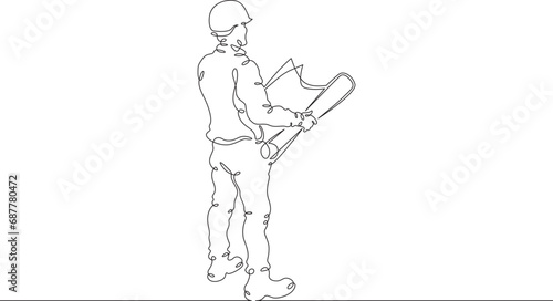 Engineer at work at a construction site. Engineer in a helmet. Construction. One continuous line drawing. Linear. Hand drawn, white background. One line.