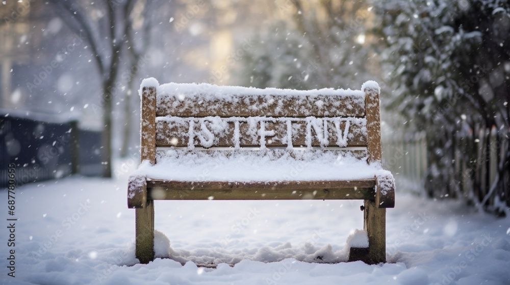 Let it Snow' lyric/christmas message written in snow on a bench