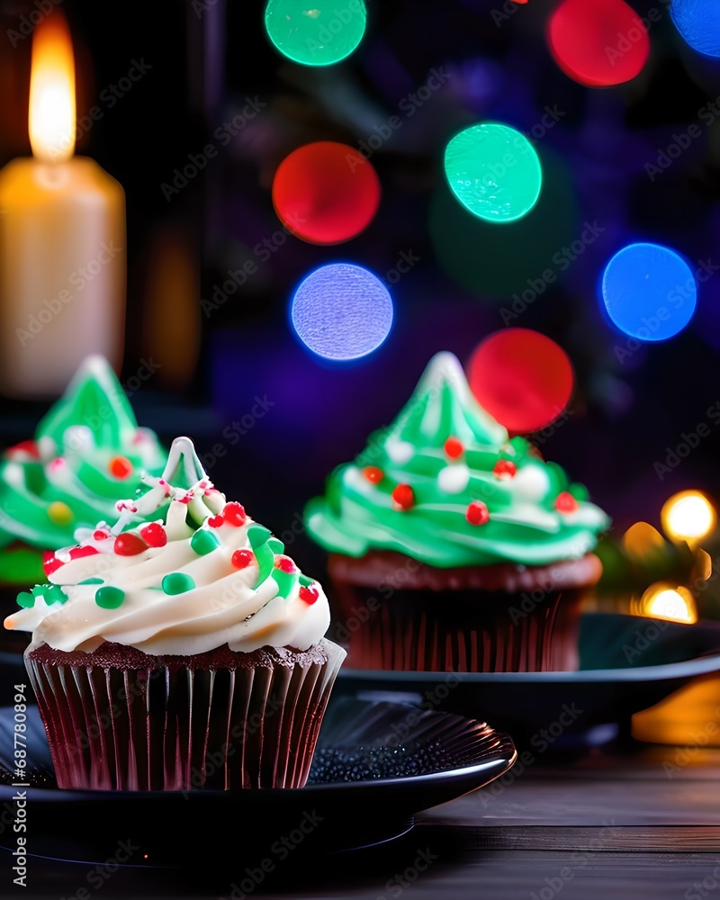 Christmas cupcake with icing and candles decorate for party Christmas new year. Christmas cupcake with icing and candles decorate for party Christmas new year.