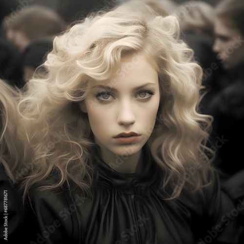 Muted colour portrait of a blond haired woman in a crowd