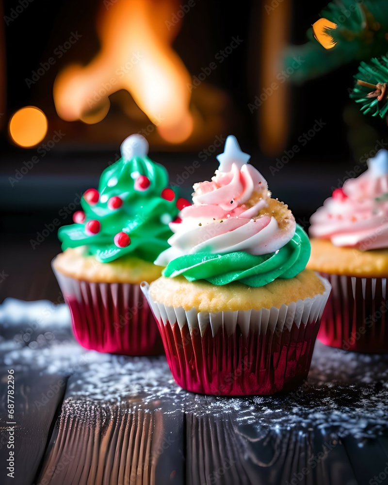 Christmas cupcake with icing and candles decorate for party Christmas new year. 