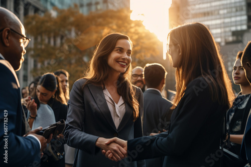 An office girl seals a deal with a handshake in an outdoor field during twilight. Surrounded by a bustling crowd, this business handshake marks a significant career milestone. Generative AI. photo