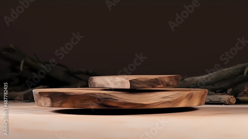 Background for products cosmetics, food or jewellery. Rustic wood pieces podium. Front view.