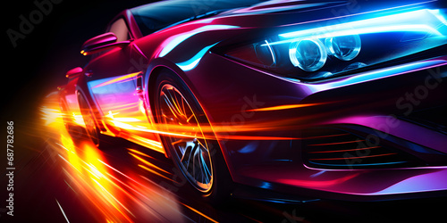 Car driving fast with lights in abstract style.
