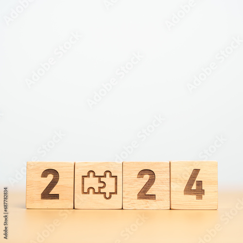 2024 block with jigsaw puzzle icon. Business Process, Team, teamwork, Goal, mission, Resolution, strategy, plan, Action, partnership, and New Year start