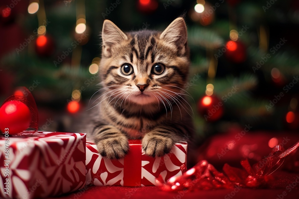 Cute kitten playing in a gift box with Christmas decoration . AI Generate Cute kitten playing in a gift box with Christmas decoration . AI Generate