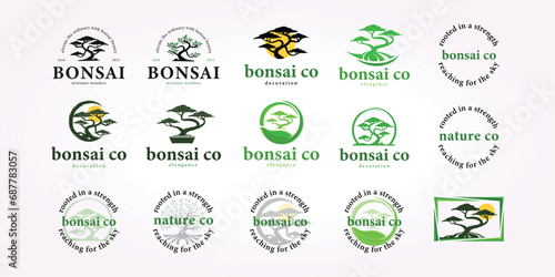 bonsai logo design bundle, bonsai tree icon set vintage decoration vector illustration