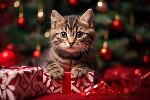 Cute kitten playing in a gift box with Christmas decoration . AI Generate