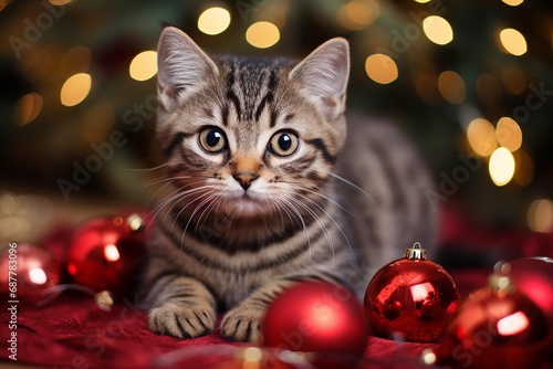 Cute  kitten playing in a gift box with Christmas decoration . AI Generate