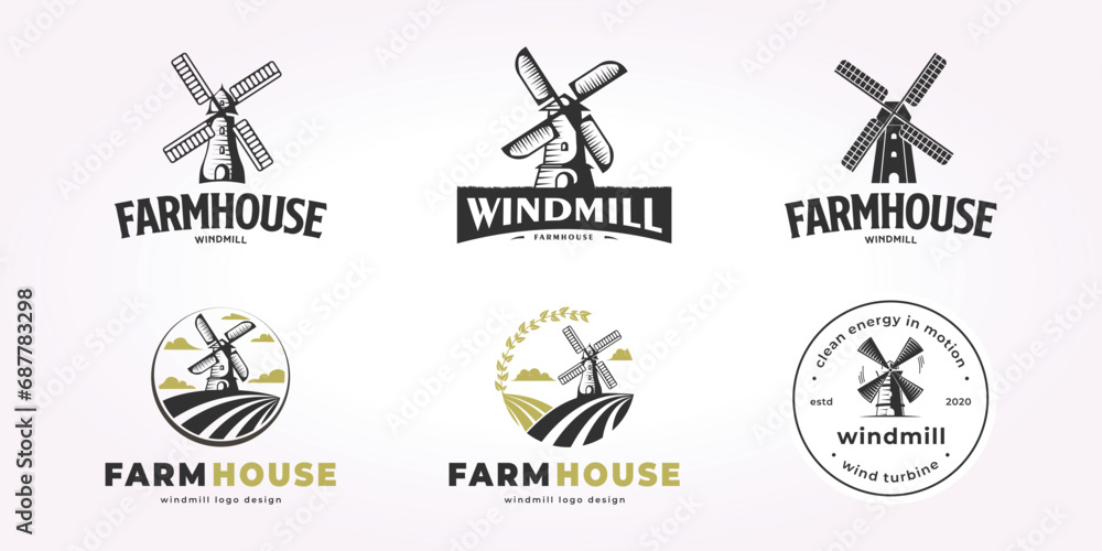 windmill logo design bundle, wind energy illustration vector set, farmhouse icon emblem bundle - obrazy, fototapety, plakaty 