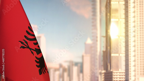 flag of Albania on city skyscrapers buildings vanilla sunset bg for day of the flag - abstract 3D illustration