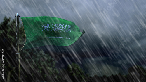 flag of Saudi Arabia with rain and dark clouds, storm and tornado symbol - nature 3D rendering