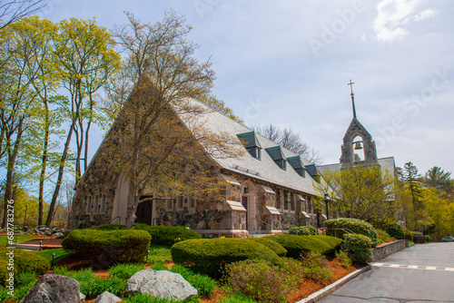 St. Julia Catholic Church at 374 Boston Post Road in historic town center of Weston, Massachusetts MA, USA.  photo