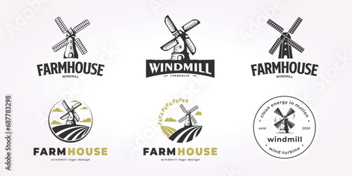 windmill logo design bundle, wind energy illustration vector set, farmhouse icon emblem bundle photo