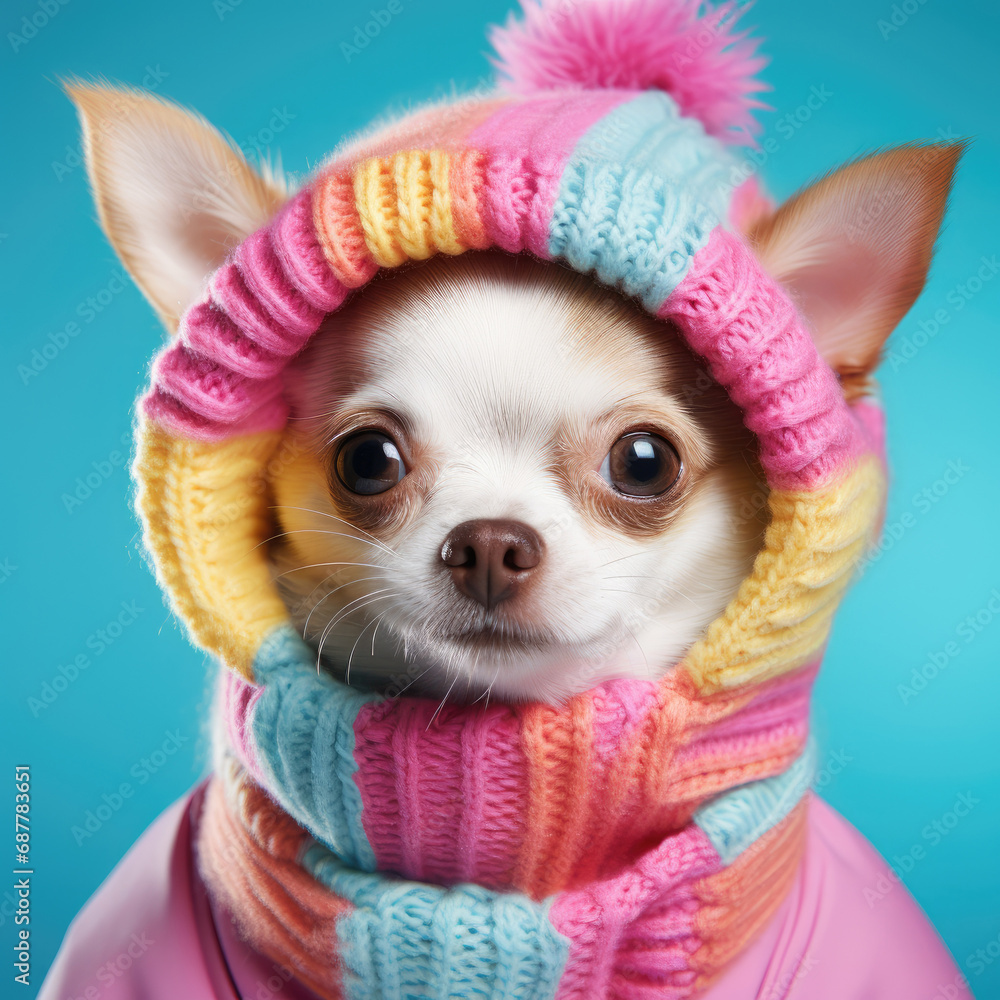 Cute Chihuahua portrait in colorful knitted hat and scarf