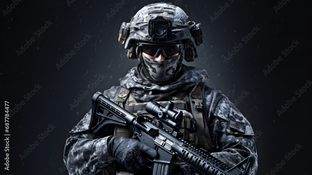 Special forces soldier with assault rifle in action on dark background ...