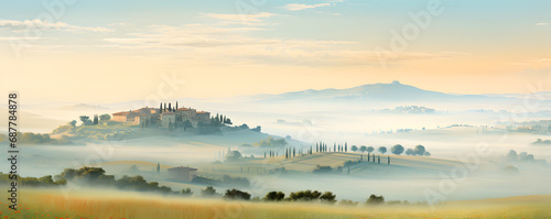 Panoramic view of Tuscany in the morning fog