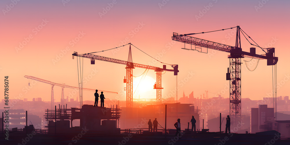 Silhouette of a construction site with cranes and workers at sunset
