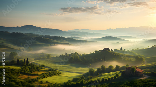 Panoramic view of Tuscany, Italy at sunrise