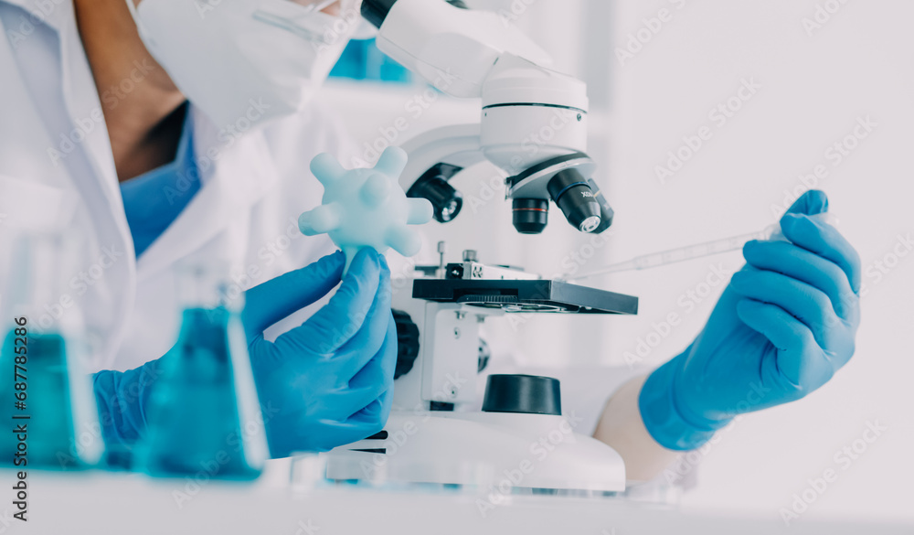 microscope with lab glassware, science laboratory research and development concept microscope with lab glassware, science laboratory research and development concept