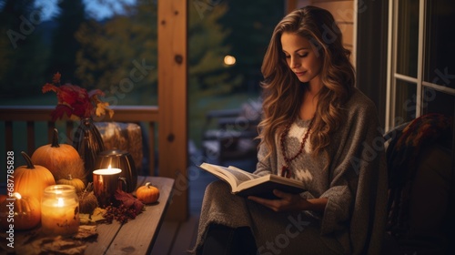 woman reading quietly under candlelight