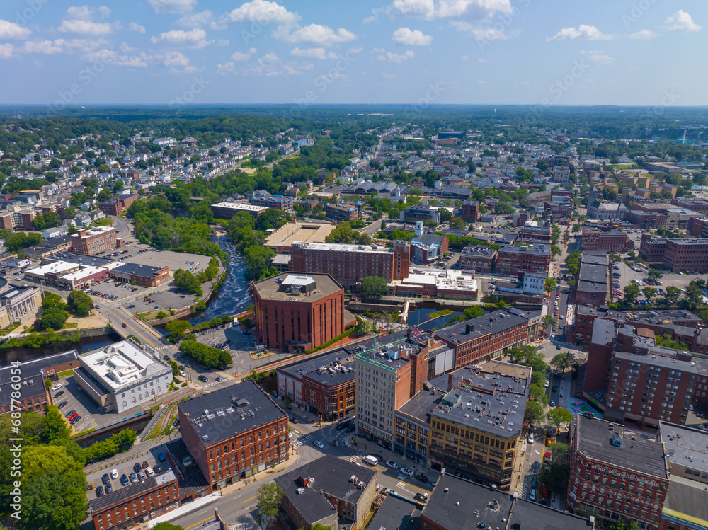Middlesex Community College aerial view on Kearney Square at Eastern Canal and Concord River to Merrimack River in historic downtown Lowell, Massachusetts MA, USA. 