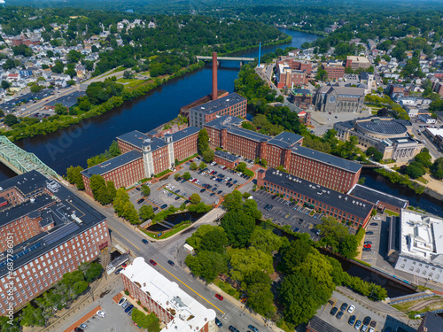 Massachusetts Mills aerial view at the mouth of Concord River to Merrimack River in historic downtown Lowell, Massachusetts MA, USA. 
