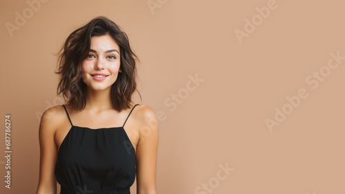 Brunette woman model wear black sundress isolated on pastel background