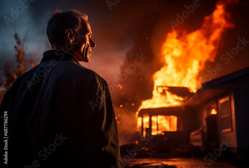 a sad father sees a burning house  Ai generated Images