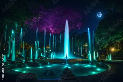 An ethereal representation of the Lima Reserve park fountain at night  transformed into a scene of magic and fantasy  with glowing orbs and mystical elements