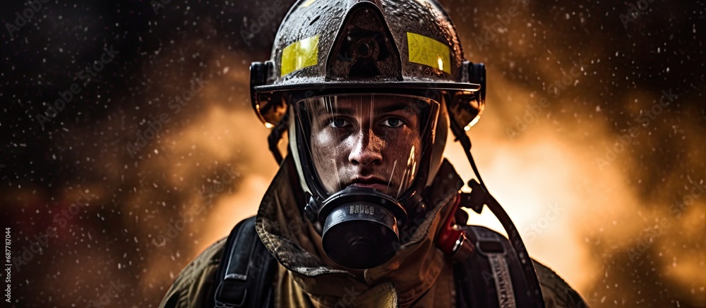 Firefighter in protective gear after duty and training for firefighting. Firefighter in protective gear after duty and training for firefighting.