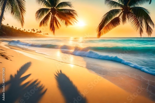 A secluded tropical beach at sunrise  where the sun sparkles dance on the gentle waves  palm trees casting elongated shadows on the sand