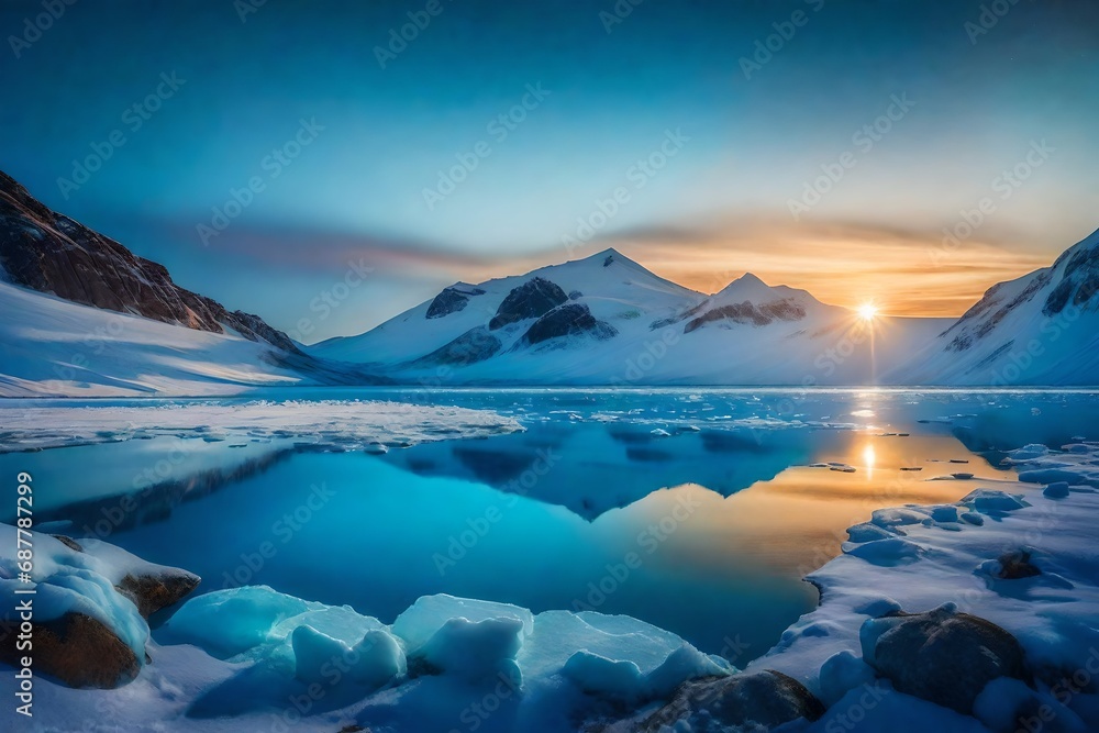A twilight scene in the Arctic, with the last rays of the sun reflecting on the icy surface of a vast, still fjord, the blue hues of the water contrasting with the warm tones of the fading sunlight