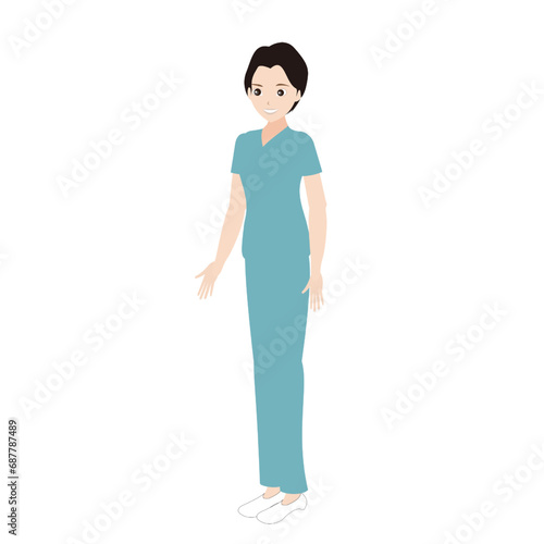 【シンプルな人物イラストセット 全身 看護師スタイルの男性_横向01】　キャラクターは各パーツがレイヤーで構成されていて自由にポーズを付けることができます。また、表情も10パターンあり口を動かしたり瞬きすることもできます。A set of face, arm and body parts that can be used for animation and illustrations. 