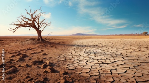Dry cracked land with dead tree and sky in background a concept of global warming  environment  save  protect  earth  global warming  reduce  planet  growth  nature  ecosystem