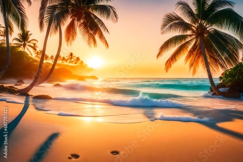 A secluded tropical beach at sunrise, where the sun sparkles dance on the gentle waves, palm trees casting elongated shadows on the sand