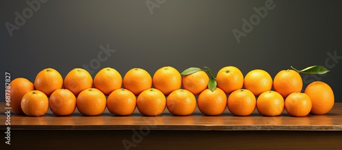 Fresh tangerines arranged on modern line for sorting citrus fruits by weight and size. photo