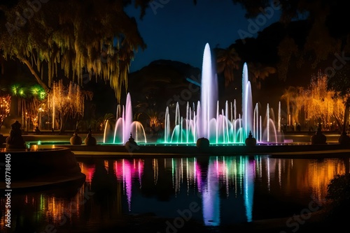 An ethereal representation of the Lima Reserve park fountain at night, transformed into a scene of magic and fantasy, with glowing orbs and mystical elements