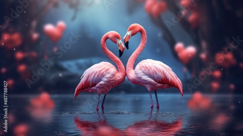 Couple of cute flamingo on fantasy aesthetic valentines scenery background photo