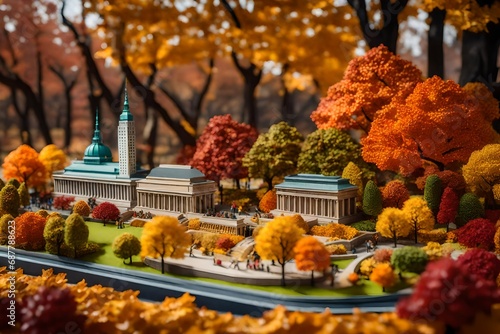 A miniature diorama representation of Central Park at the Mall in New York City during autumn, meticulously crafted with attention to detail