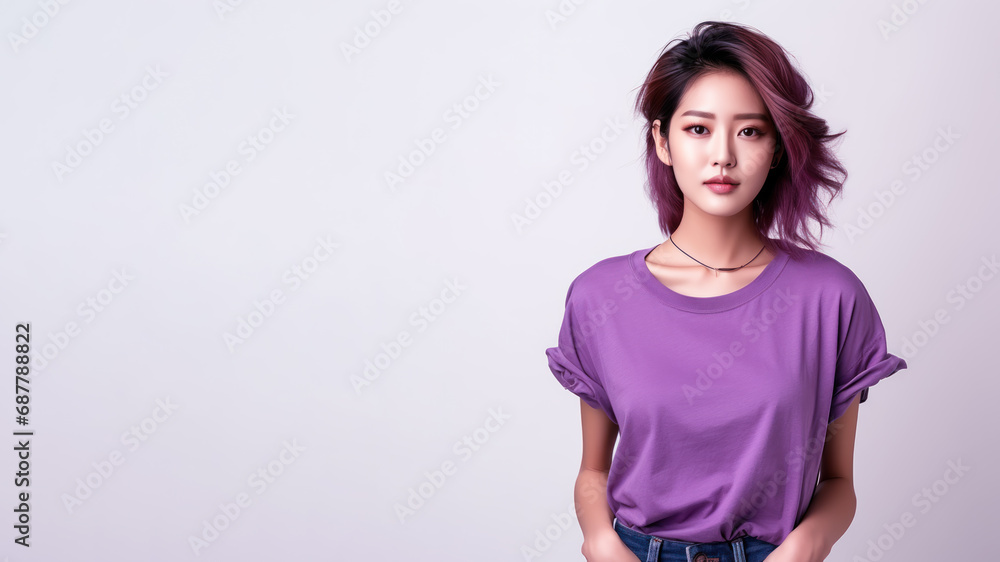 Asian woman wearing purple t-shirt isolated on gray background Asian woman wearing purple t-shirt isolated on gray background